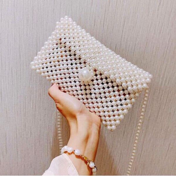 

solememo handmade weave imitation pearl for women handbag long chain shoulder bag banquet dinner party elegant accessories h0001, Golden;silver