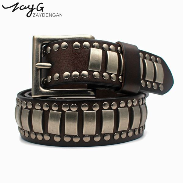 

zayg fashion punk personality pin buckle genuine leather belt copper metal studded belt vintage wind big rivet, Black;brown