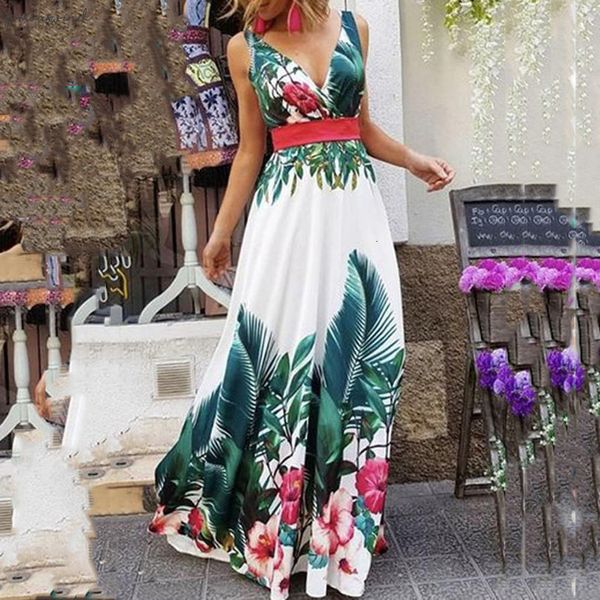 

fashion long dress women summer v neck sleeveless collect waist bohemian print maxi dress beach dress elegant vestidos robe, Black;gray
