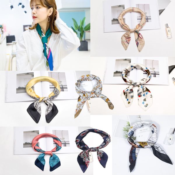 

floral square scarf hair tie band for business party women elegant small vintage skinny neck silk satin scarf wrap, Blue;gray