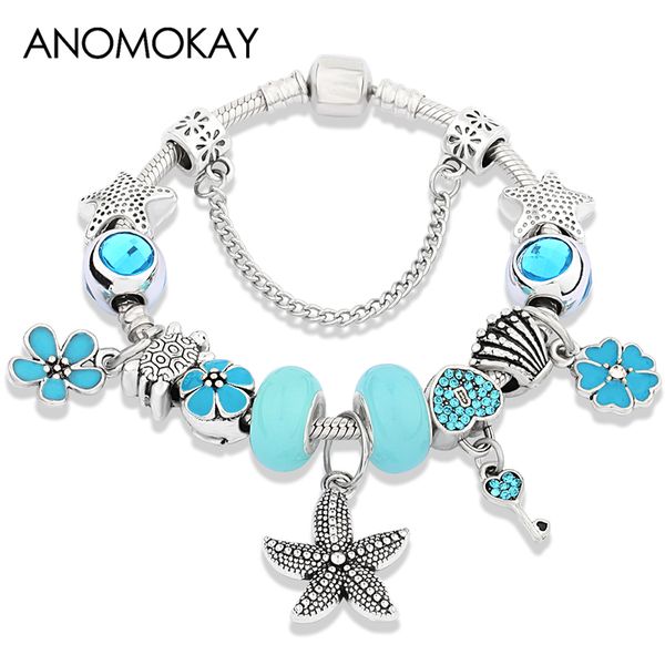 

new blue flower heart crystal charm bracelet silver starfish turtle bead bracelet diy ocean animal for women child gift, Golden;silver