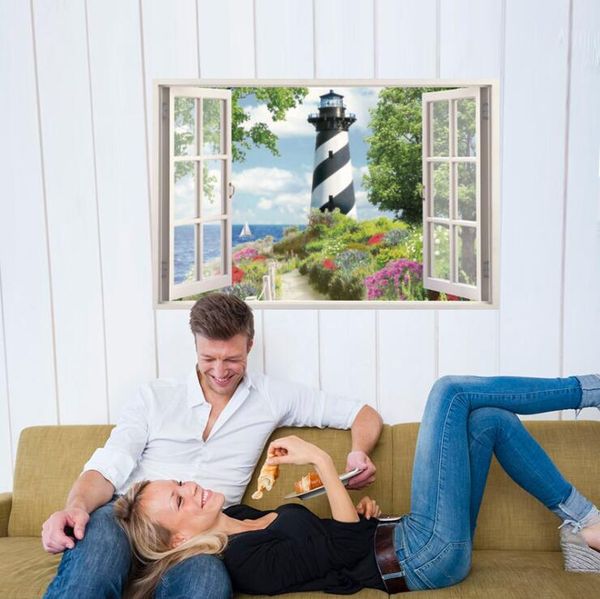 

stickers for 3d lighthouse fake window wall sticker living room bedroom wall decoration simple style art mural