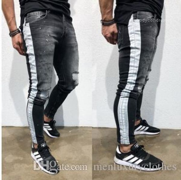 

black side striped draped biker jean pencil pants jeans hombre men pantalones ripped jeans, Blue