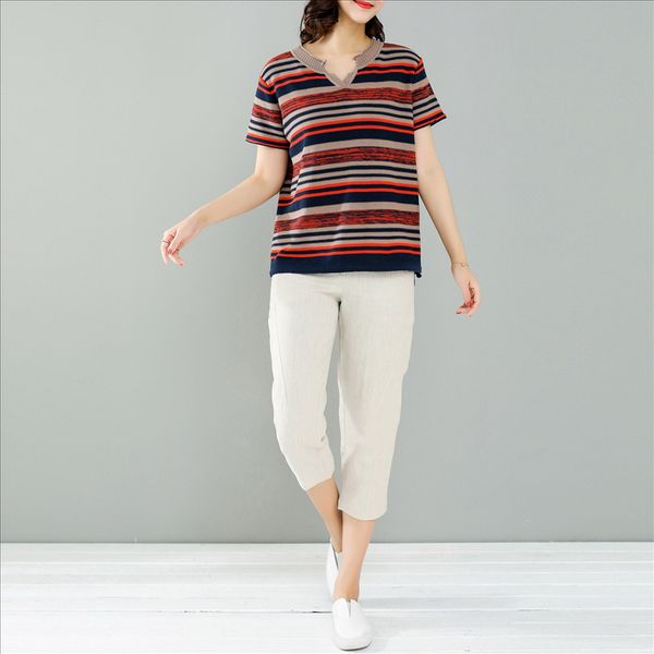 

2019 striped contrast pullover color short sleeve women all-match women's thin pullover t-shirt top, White