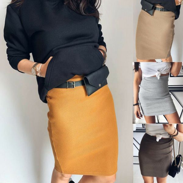 

women ladies retro knitting elastic high waist solid midi pencil skirt women's autumn skirt office bodycon short skirt, Black