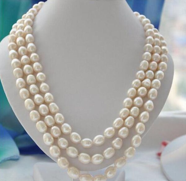 

women gift freshwater very good 3strands 10-11mm rice white freshwater cultured pearl necklace fine women jewe, Silver