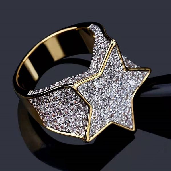

iced out star rings for men luxury designer mens bling diamond gold stars ring copper zircon 18k gold plated wedding engagement jewelry gift, Golden;silver