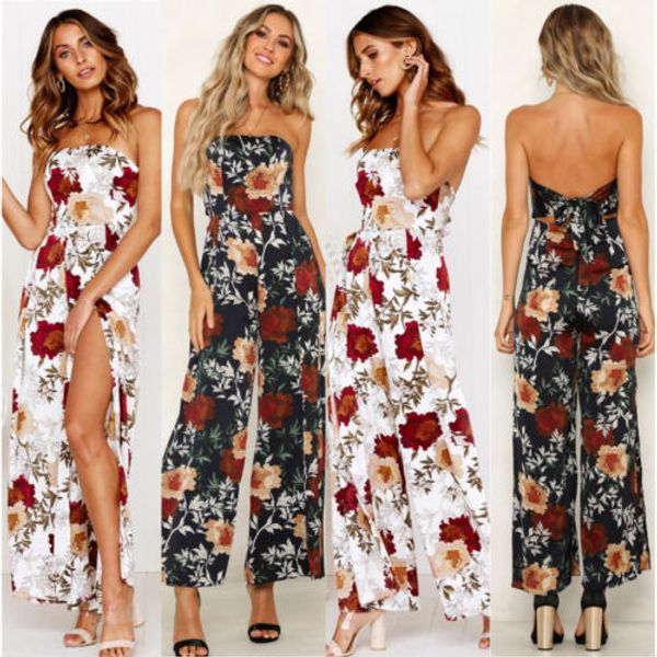 

2019 women flower sleeveless summer loose beach holiday strapless clubwear playsuit bodysuit party jumpsuit romper long trousers, Black;white