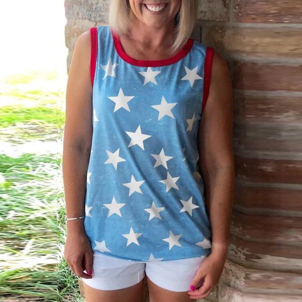

women 2020 t shirt women five-pointed star print o-neck sleeveless mujer camisetas harajuku summer femme clothes, White