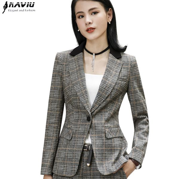 

новое высокое качество мода плед блейзер зима профессиональный длинный рукав тонкий пиджак офис леди бизнес интервью работа пальто, White;black
