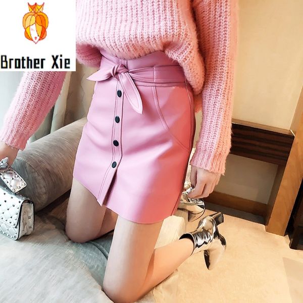 

натуральная кожа юбки женские желтый розовый сексуальная высокая талия лук однобортный офис леди 2020 весна лето мини-юбка трапеция, Black