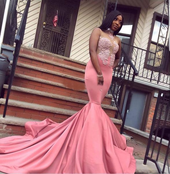 

long mermaid sheer neck prom dresses 2020 pink applique prom dress floor length formal pageant gowns custom made, Black