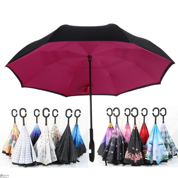 C Maniglia Antivento Ombrello Pieghevole Inverso Uomo Donna Sole Pioggia Auto Ombrelli Invertiti Doppio Strato Anti UV Auto Stand Parapluie c848