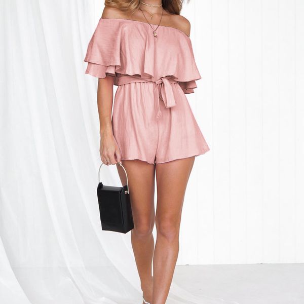 

women summer jumpsuit solid color off shoulder short sleeve strappy belted shorts jumpsuit for summer beach vacation gdd, Black;white