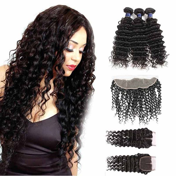 

malaysian virgin hair bundles with 4x4 lace closure deep water wave peruvian hair weaves with 13x4 lace frontal closure deep water wave, Black