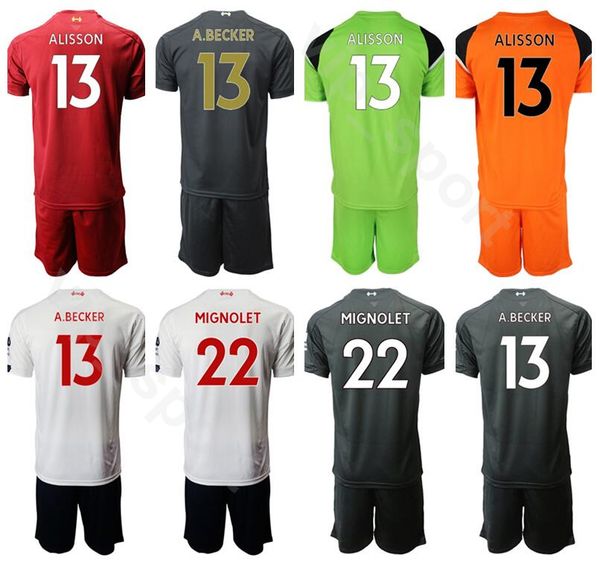 

2019 2020 Men Goalkeeper GK 13 Alisson Becker Jersey Set Goalie Soccer 22 Simon Mignolet Football Shirt Kits Uniform Custom Name Number