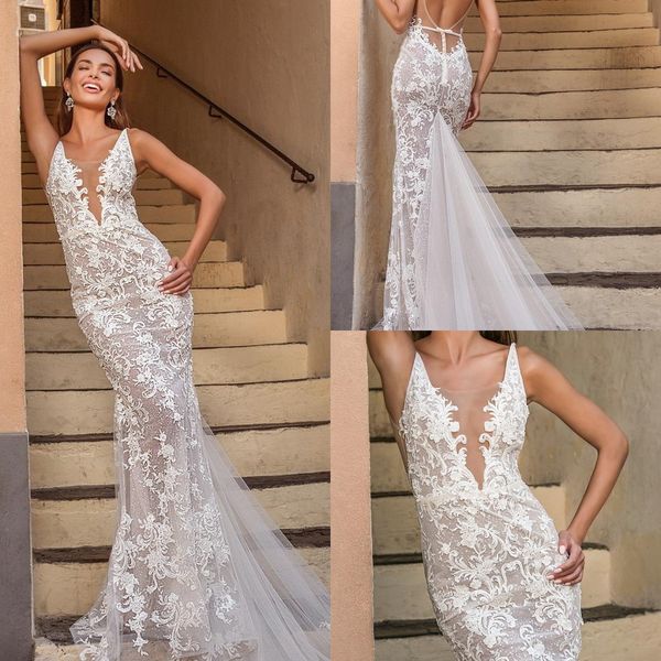 

2020 mermaid wedding dresses v neck with straps appliqued sleeveless bridal gown backless corset bow ruffle sweep train vestidos de novia, White