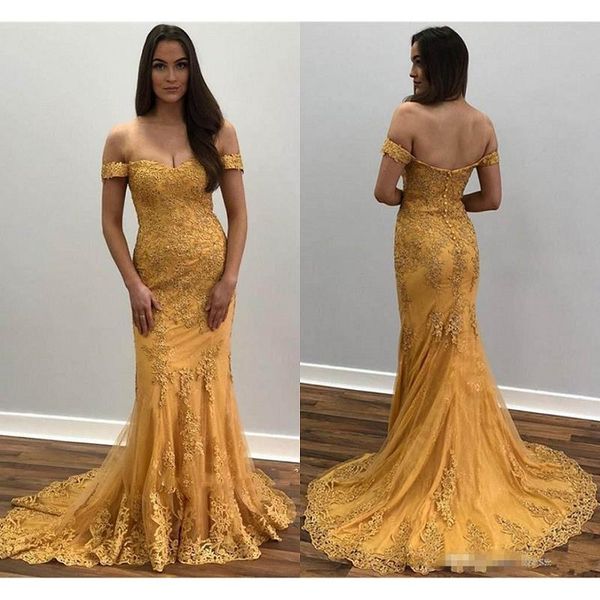 

vintage gold mermaid evening dresses long 2019 vestidos de fiesta de noche arabic lace prom gowns off the shoulder formal dress, White;black
