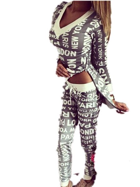 

autumn runway tracksuit women v neck print letters 2 pieces sets clothes pullover sweatshirt +pants suit black grey breathable, Gray