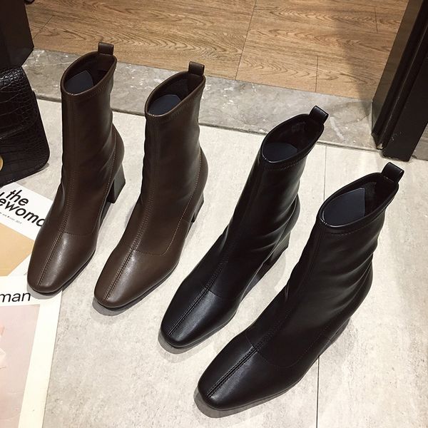 

women's boots autumn shoes booties woman 2019 high heels round toe boots-women luxury designer winter footwear lace up stiletto, Black