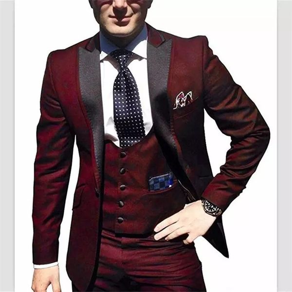 Smoking da sposo bordeaux nero con risvolto a punta Groomsmen Abito da sposa da uomo Giacca da uomo eccellente Blazer Completo da 3 pezzi (giacca + pantaloni + gilet + cravatta) 2212