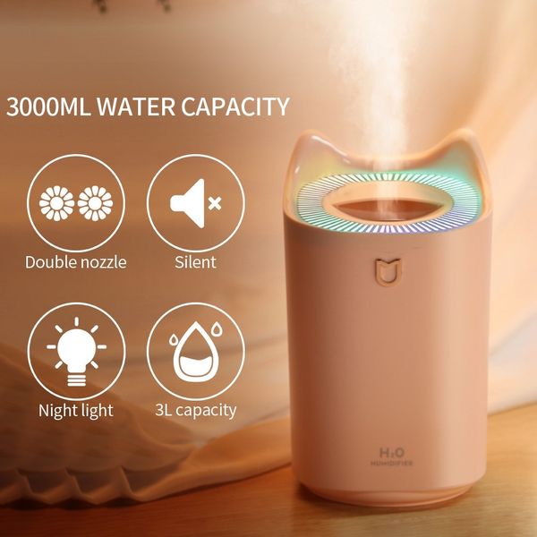 

home air humidifier 3l double nozzle cool mist aroma diffuser with coloful led light heavy fog ultrasonic air mist humidificador