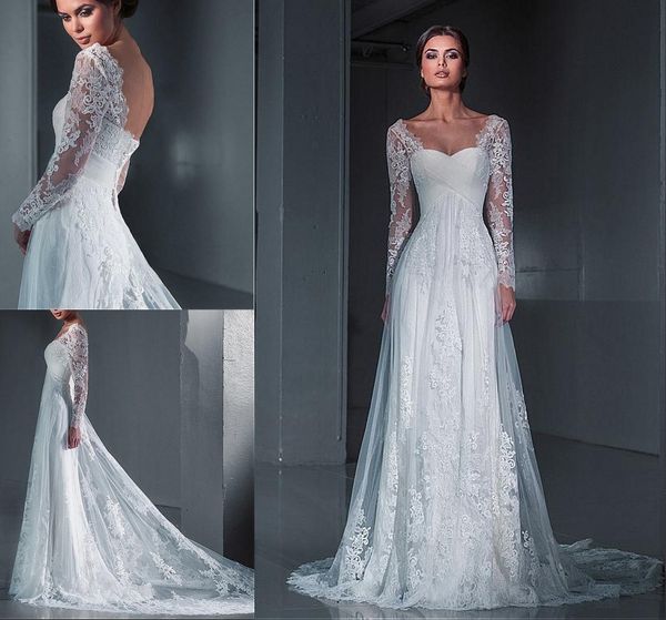 

2021 new lace long sleeve modest wedding dresses court train backless lace up pleated sheath beach boho wedding bridal gowns plus size, White