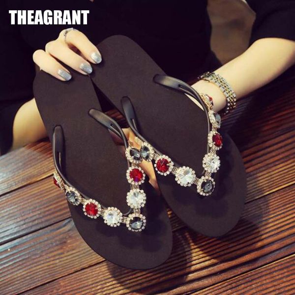 

theagrant platform summer slippers women shoes crystal ladies wedges flip flops bohemia vacation beach shoes woman wsl3032, Black