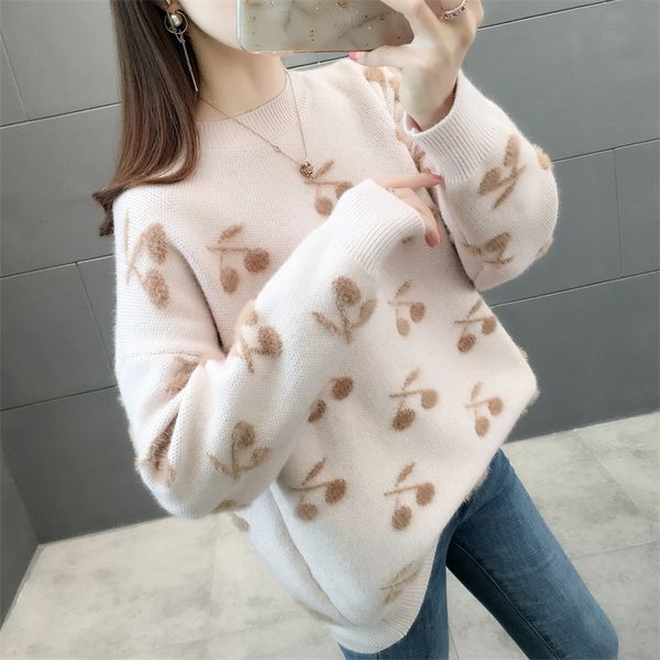 

before in upstairs room no. 2) in the winter of 5818 new round collar knitting loose jacquard cherry ladies sweaters 48, White;black