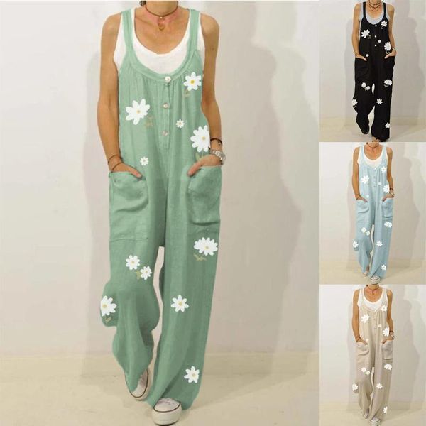 

2020 new summer woman's jumpsuits rompers casual beach streetwear loose overalls palysuits daisy floral long jumpsuits trousers, Black;white