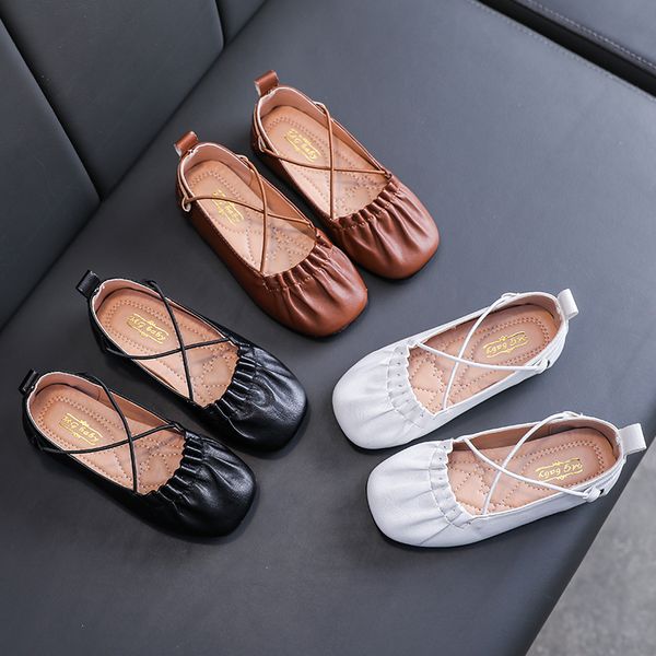 

new girls pu leather casual shoes princess folds peas shoes 2020 spring fashion children's cross-tied single dance, Black