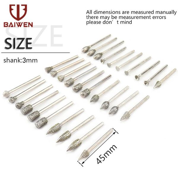 

10/20/30pcs diamond grinding head 6mm grinding needle bits burrs shank 3mm for metal stone engraving carving tools 60grit