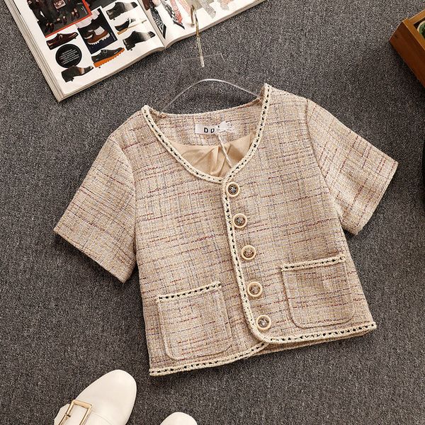 

celebrity korean style 2019 summer jacket women short sleeve single breasted woolen tweed cropped office ladies short jacket, Black;brown
