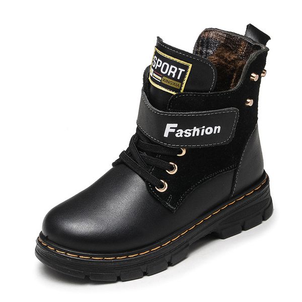 

children boots autumn and winter leather school boy shoes fashion in the calf snow boots plush warm waterproof kids martin, Black;grey