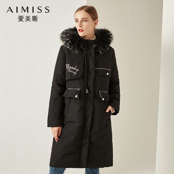 

aimiss brand new women down jacket luxury embroidery hooded thick very warm long down coat winter clothes outwear zippers, Black