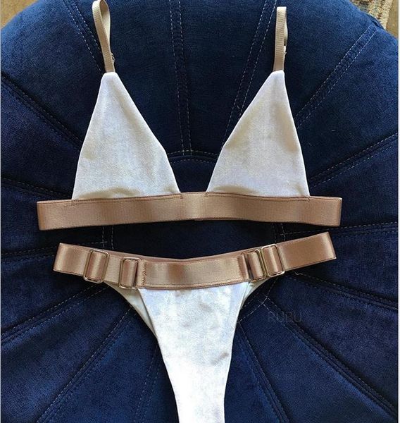 

white flannel gold belt metal buckle bikini split swimsuit