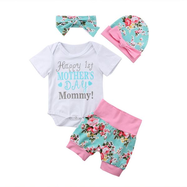 

4Pcs Newborn Baby Girls Clothes Letter Print Romper Tops+Floral Shorts+Hat+headband Outfits Clothes 0-24M Mother's Day