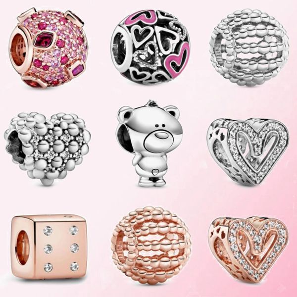 

fahmi 925 sterling silver 1:1 2020 valentine day dice charm rose beaded openwork bead sparkling and heart beads kiss bear charms, Black
