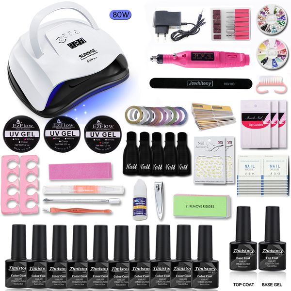 

80/54w nail set uv led lamp with 10pcs nail gel polish kit soak off manicure tools set electric drill for art tools
