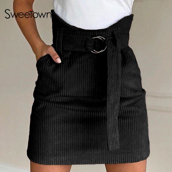 

sweetown pink solid korean fahion pencil skirts womens black corduroy high waist mini skirt with sashes summer streetwear outfit