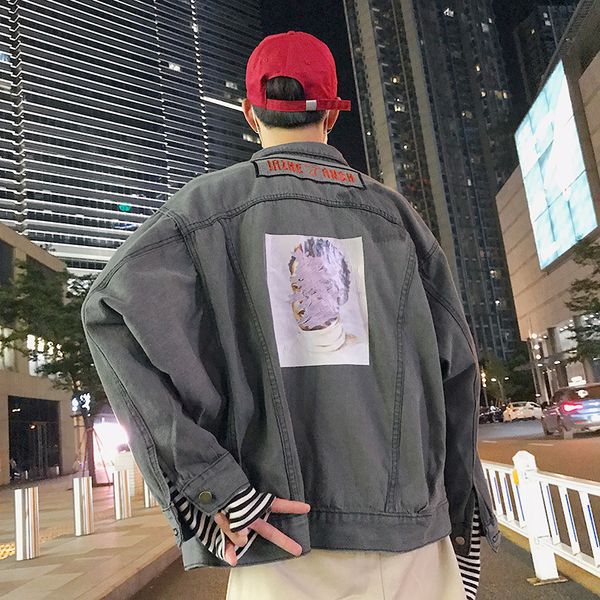 

2019 autumn clothing new style hong kong style cool denim jacket harajuku printed embroidered coat casual trend men's, Black;brown