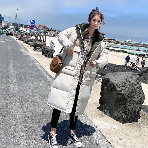

women 2019 winter hooded long cotton padded coats female oversize solid down parka jacket ladies thick warm wadded outwear t22, Black