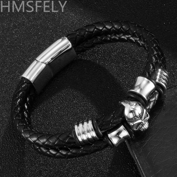 

hmsfely double layer genuine leather bracelet punk style 316l stainless steel skull bracelets bangles for men magnetic bracelet, White