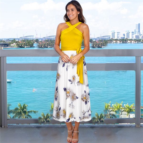

Summer Flora Printed Women Dress Female Criss Cross Dresses with Sashes Sexy Ladies Sleeveless Holidays Dresses