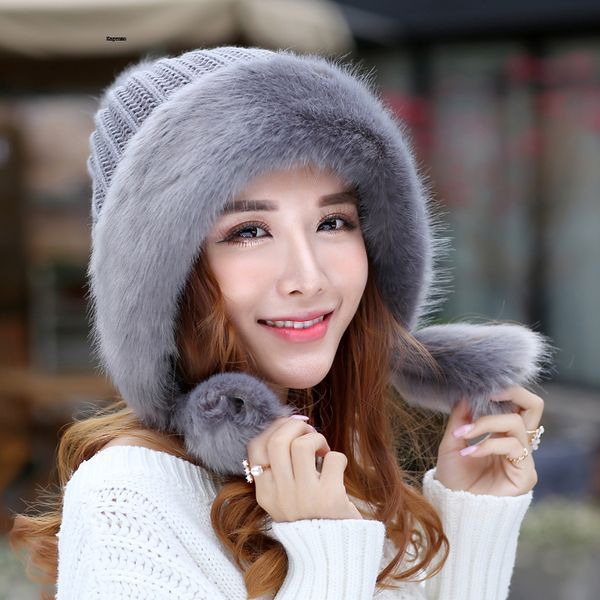 

kagenmo cold winter women bomber hat super warm thick female berets fashion thermal hat fluffy ball cute lady cap, Blue;gray