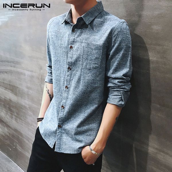 

incerun men solid color brand shirt long sleeve button 2020 streetwear chic turn-down collar mens casual business shirts chemise, White;black