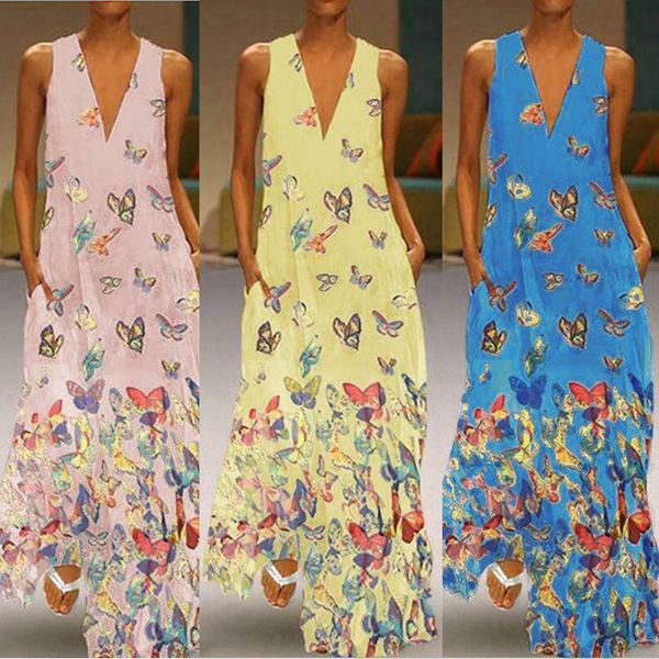 

2019 women's dress sleeveless maxi printed sleeveless loose casual party cocktail, Black;gray