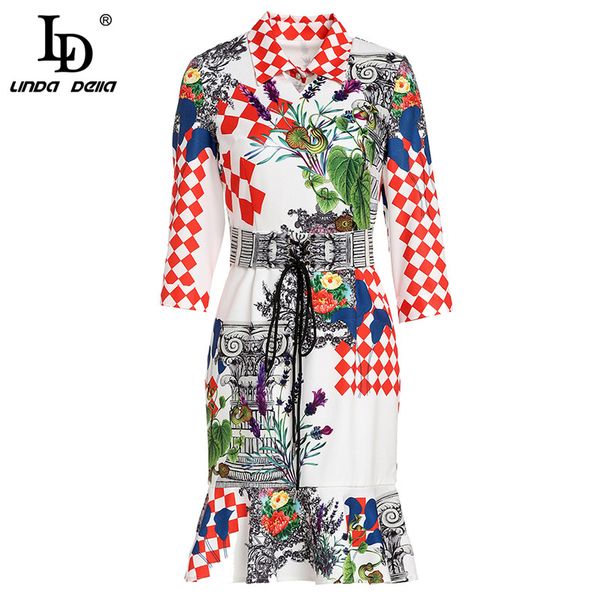 

ld linda della 2019 fashion runway summer dress women's half sleeve casual floral print mermaid party ruffles belted dress, Black;gray