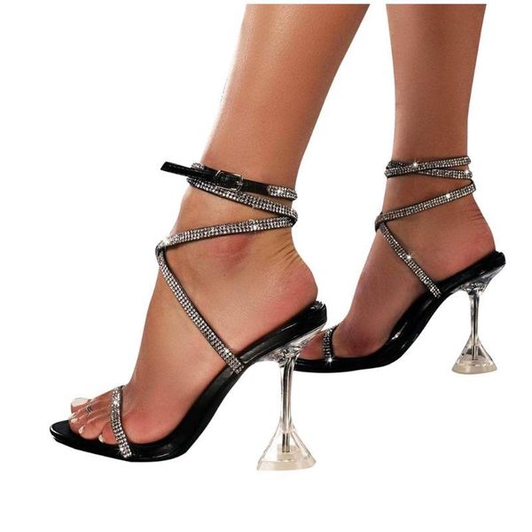 

женская мода сандалии open toe высокие каблуки обувь женщина прозрачный лето лодыжки ремень зашнуровать sandalias mujer lll, Black