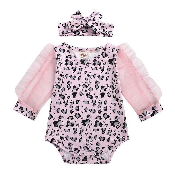 Heißer Verkauf Leopardenmuster Baby Strampler Spitze Langarm Mädchen Strampler + Schleifen Stirnband 2 teile/satz Neugeborenen Overall Baby Mädchen Kleidung